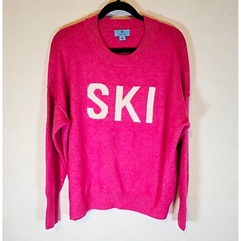 CeCe Pink Crew Neck Knit SKI Graphic Long Sleeve Pullover Sweater Size M